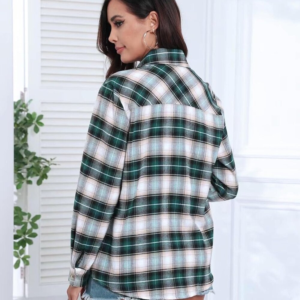Womens Plaid Shirts Cotton Classic Long Sleeve Button Down Collared Casual Tops - Picture 6 of 6